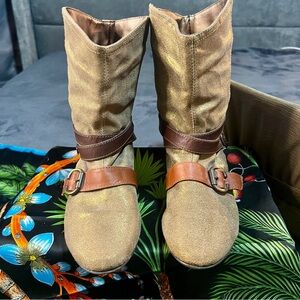 Steve Madden Y2K Leather Metallic Belted Boho Festival Flat Riding Boots 37